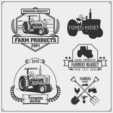 Set of farmers market emblems, logos and labels with tractor. Vector illustration.