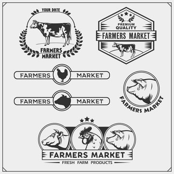 Set of farmers market emblems, logos and labels with animals. Vector illustration.