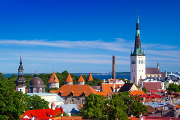 Obraz premium Aerial view of the old town of city Tallinn, Estonia, with the spire of Saint Nicholas' Church.