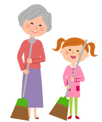 シニア女性と女の子　掃除