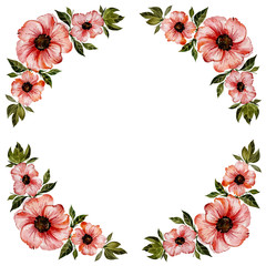Floral frame illustration. Beautiful red flowers with green leaves. Round pattern on white background with space for your text in the middle.  Watercolor painting. Isolated.