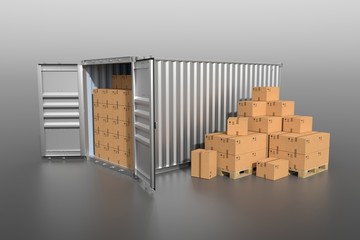 Ship cargo container side view with cardboard boxes