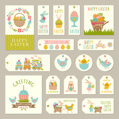 Fototapeta premium Labels, tags with illustrations of easter theme with rabbits, plants and colored eggs