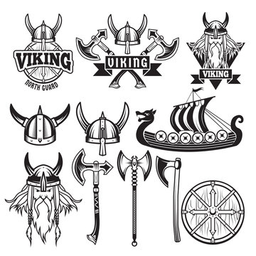 Medieval warriors and his weapons. Labels with vikings. Set isolate on white
