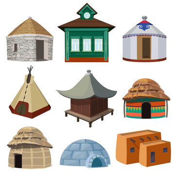 Traditional buildings and small houses of world different nations