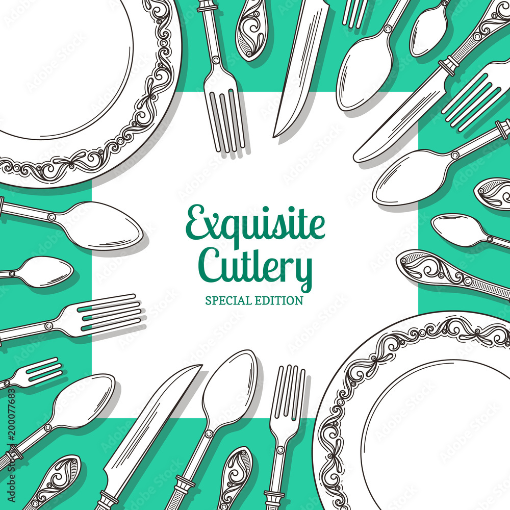 Poster vector background with hand drawn tableware around square with place for text with shadows