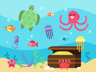Vector illustrations set of underwater landscape with sea animals and fishes