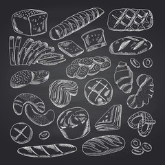 Vector hand drawn contoured bakery elements on black chalkboard