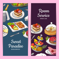 Vector card or flyer templates with hand drawn restaurant or room service elements and place for text
