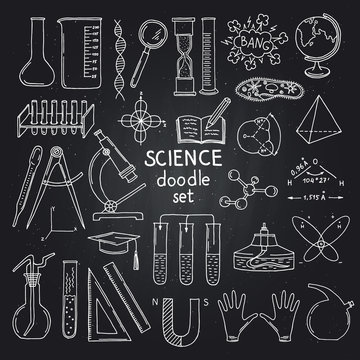 Vector Sketched Science Or Chemistry Elements Set On Black Chalkboard