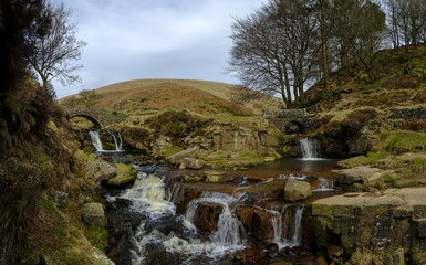 Stitched Panoramic view of the Packhorse Bridges at Three Shires Head - where Cheshire, Derbyshire and Staffordshire county boundaries all intersect and the River Dane and Black Clough meet