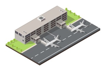 Isometric low poly airport terminal building background. International arrival departures vector illustration airplane.