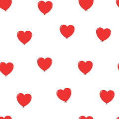 Hand drawn seamless vector pattern with flying heart shaped balloons, on a white background. Design concept for Valentines day, birthday, celebration, kids textile print, wallpaper, wrapping paper.