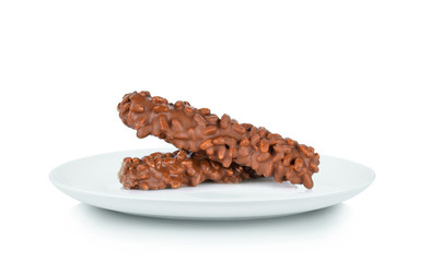 Chocolate coating wafer isolated in white plate on white background