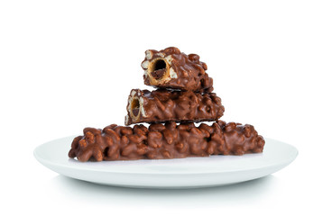 Chocolate coating wafer isolated in white plate on white background