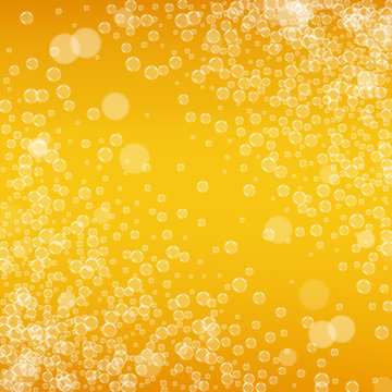 Beer background with realistic bubbles. Cool liquid drink for pub and bar menu design, banners and flyers. Yellow square beer background with white frothy foam. Cold pint of golden lager or ale.