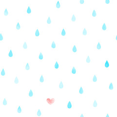 Hand drawn seamless vector pattern with watercolor rain drops and a heart, on a white background. Design concept kids textile print, wallpaper, wrapping paper.