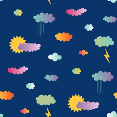 Hand drawn seamless vector pattern with sun and rain, clouds, lightning, on a blue background. Design concept for summer, kids textile print, wallpaper, wrapping paper.
