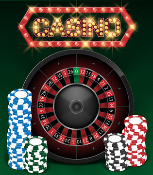 Casino Gambling background design with realistic Roulette Wheel and Casino Chips. Roulette table isolated on green background. Vector illustration.