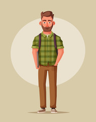 Happy young man with a laptop. Student, trainee or employee. Cartoon vector illustration