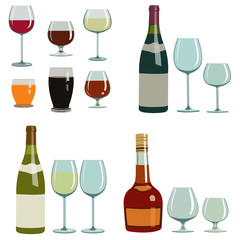 different alcoholic drinks and glasses .Set of four illustrations