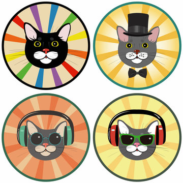 funny cartoon cat in a circle.Set of four illustrations