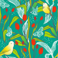 Bright spring seamless design with tulips, butterflies and birds