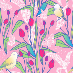 Bright spring seamless design with tulips, butterflies and birds