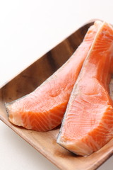 freshness salmon fillet on wooden plate