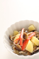 Boiled new potato and Shimeji mushroom, crab stick salad