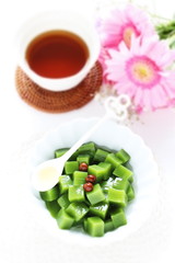 Japanese food, Green tea Agar Jelly in cube size with honey