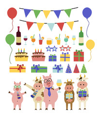 Colorful funny birthday party set, illustration with animals, presents, drinks 