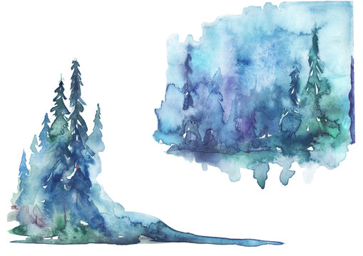 Watercolor landscape, picture. Picture of a pine forest, a blue silhouette of trees and bushes on a white isolated background. Set of watercolor drawings, stickers