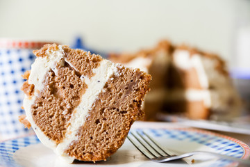 chocolate cake on   plate on   table.