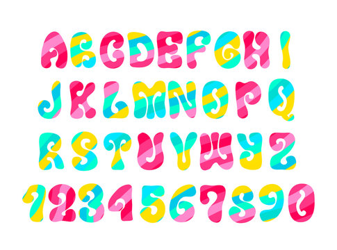 Psychedelic font with colorful pattern. Vintage hippie alphabet on white.