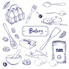 Hand drawn sketch with bread, pastry, sweet. Bakery set vector illustration.
