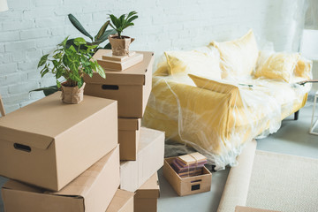 close up view of cardboard boxes in room
