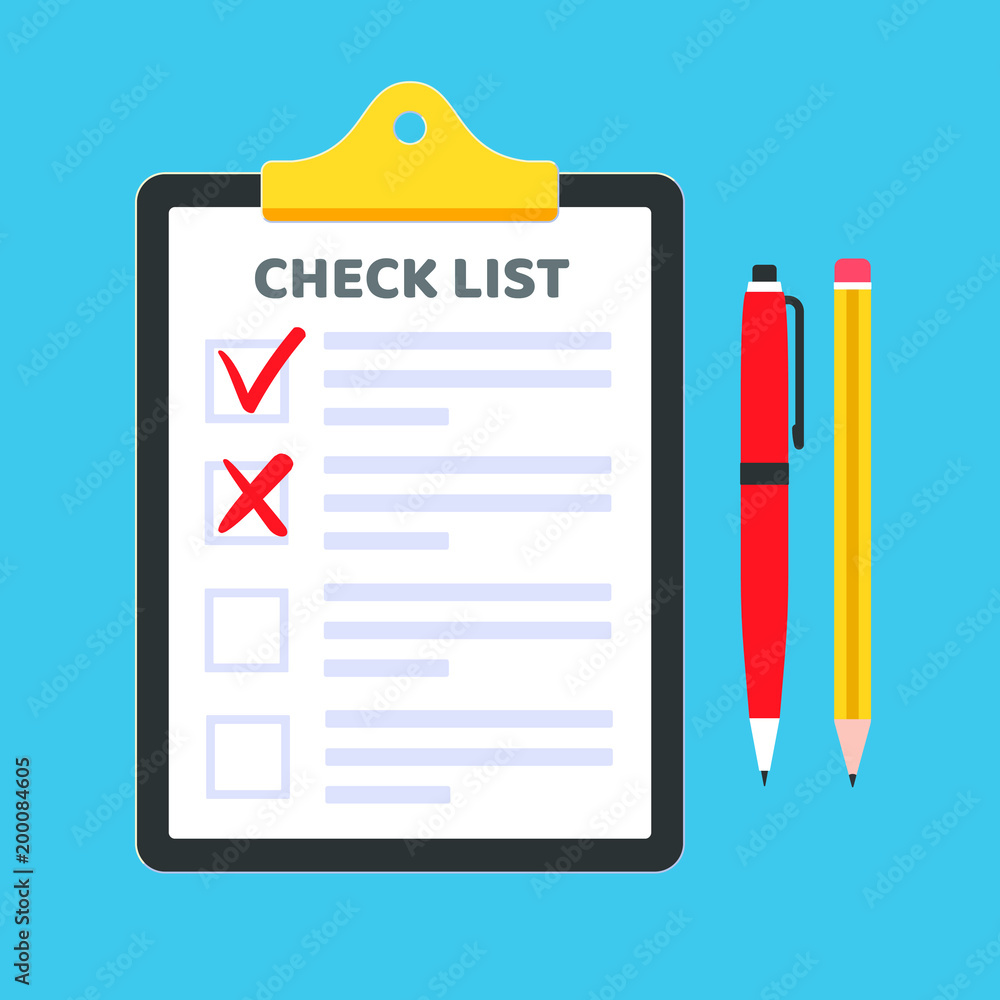 Poster clipboard with check list claim form on it, paper sheets, check marks tick ok and crosses x in the c