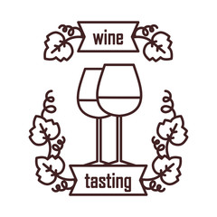 Wine tasting is a laconic emblem in a linear flat style. Two glasses of wine digital stamp.