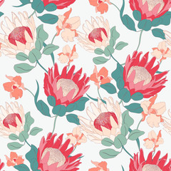 Pink Protea Flower Seamless Vector Pattern