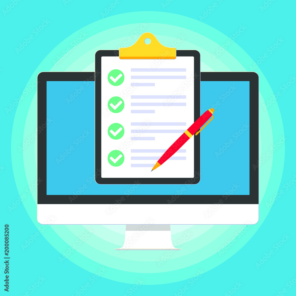 Poster monitor or all in one pc flat design with clipboard and check marks tick popped above the screen ico