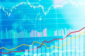 Business financial concept with double exposure of candle stick graph chart of stock market investment trading. Financial chart with up trend line graph.
