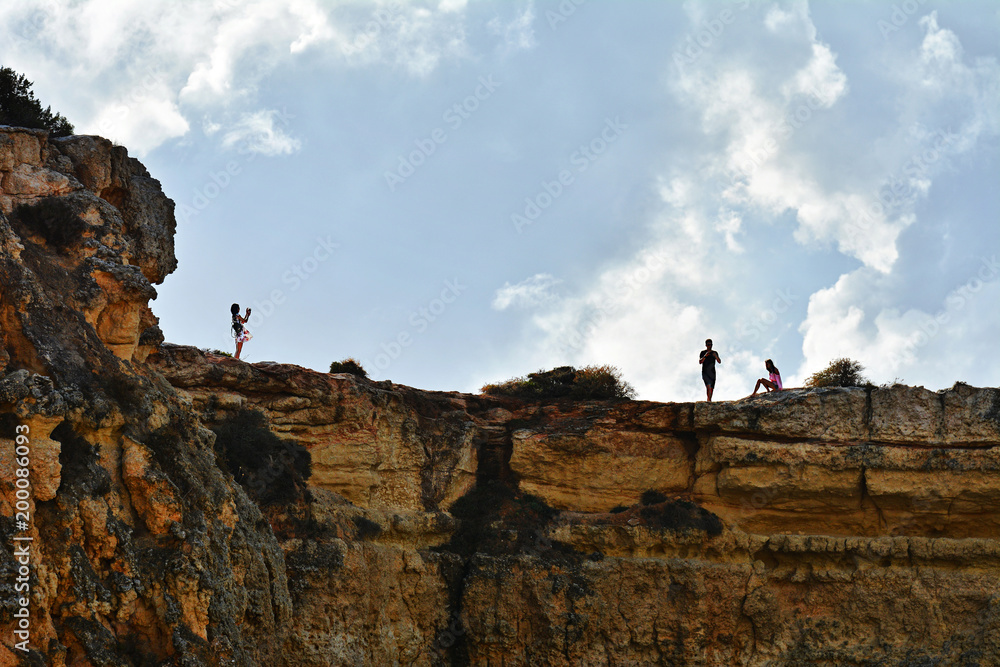 Poster Algarve rocks formation, amazing destination in Portugal and  all seasons attraction for many tourists in entire world.