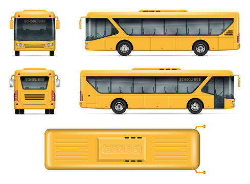School bus vector mock-up. Isolated template of yellow autobus on white. Vehicle branding mockup. Side, front, back, top view. All elements in the groups on separate layers. Easy to edit and recolor.