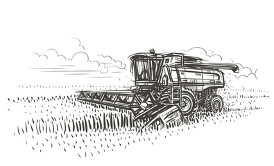 Combine harvester working sketch illustration. Vector.