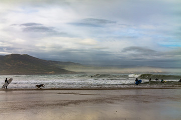 Surfers are fighting with waves and currents. Surfing. Atlantic Ocean