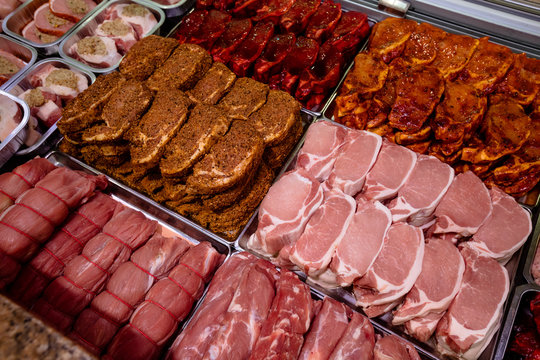 Variety of marinated meat at display counter
