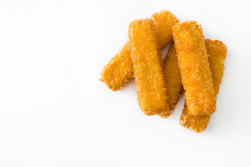 crispy fried fish fingers isolated on white background. Top view. Copyspace