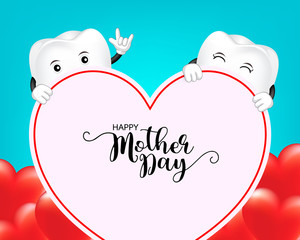 Cute cartoon tooth character with heart shape. Mother day banner background template with red heart  Illustration on blue  background.
