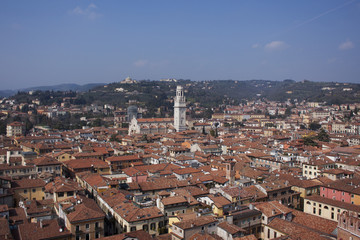 Fototapeta na wymiar City of Verona aerial view from Lamberti tower, rooftops of old town, Veneto region of Italy
